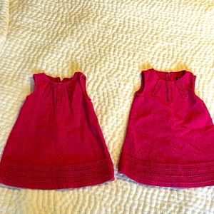 Hot pink corduroy sleeveless dresses for twins